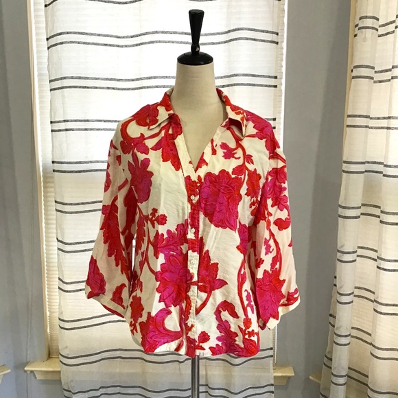 Mango Tops - MNG Women Size SM Flowy Pink Floral 3/4 Sleeve Blouse Comfy Elegant Feminine